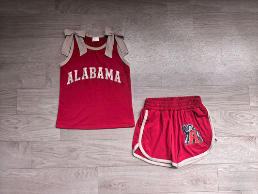 (Sample) No moq milk silk GSSO3831 Vinyl Baby Girls Team Solid Bow Sleeveless Top Elastic Waist Short Bottom Outfit Set