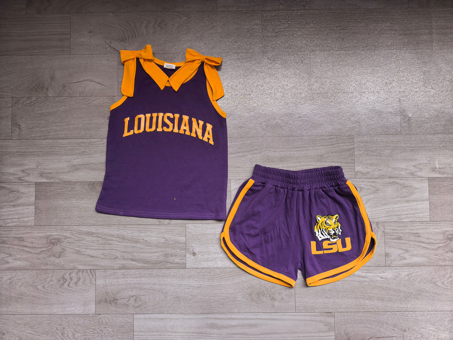 (Sample) No moq milk silk GSSO3832 Vinyl Baby Girls Team Solid Orange Bow Sleeveless Purple Top Elastic Waist Short Bottom Outfit Set