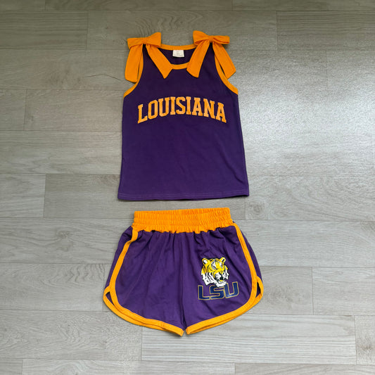 (Sample) No moq milk silk GSSO3832 Vinyl Baby Girls Team Solid Orange Bow Sleeveless Purple Top Elastic Waist Short Bottom Outfit Set