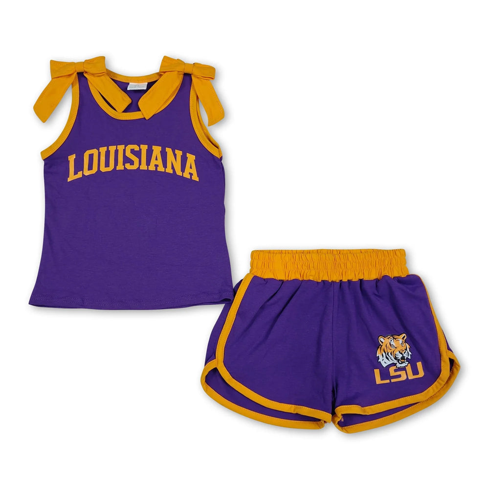 RTS NO MOQ Sibling Vinyl Baby Girls Team Graphic Top With White Bow Matching Shorts Team Clothes Set