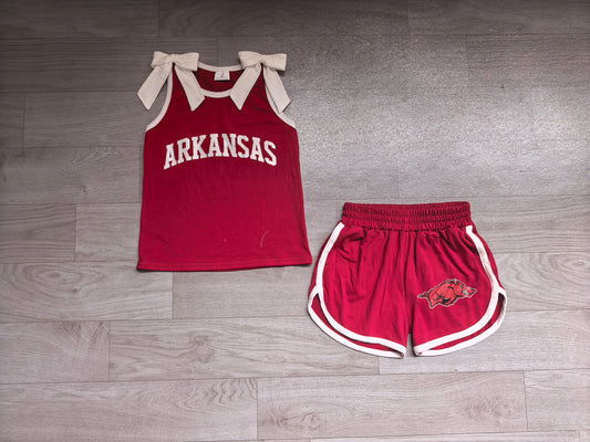 (Sample) No moq milk silk GSSO3833 Vinyl Baby Girls Team Solid White Bow Sleeveless Red Top Elastic Waist Short Bottom Outfit Set