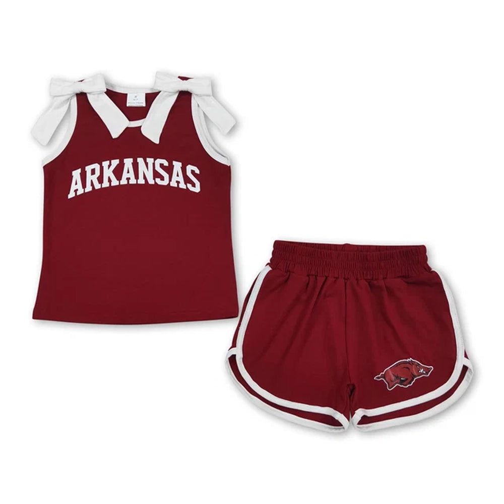 RTS NO MOQ Sibling Vinyl Baby Girls Team Graphic Top With White Bow Matching Shorts Team Clothes Set