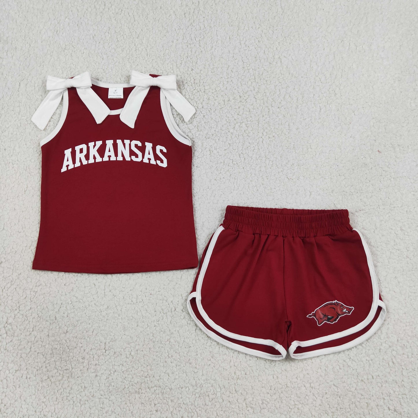 NEW RTS NO MOQ Vinyl  GSSO3833 Baby Girls White Bows Red Arkansas Top Short Team Clothes Sets
