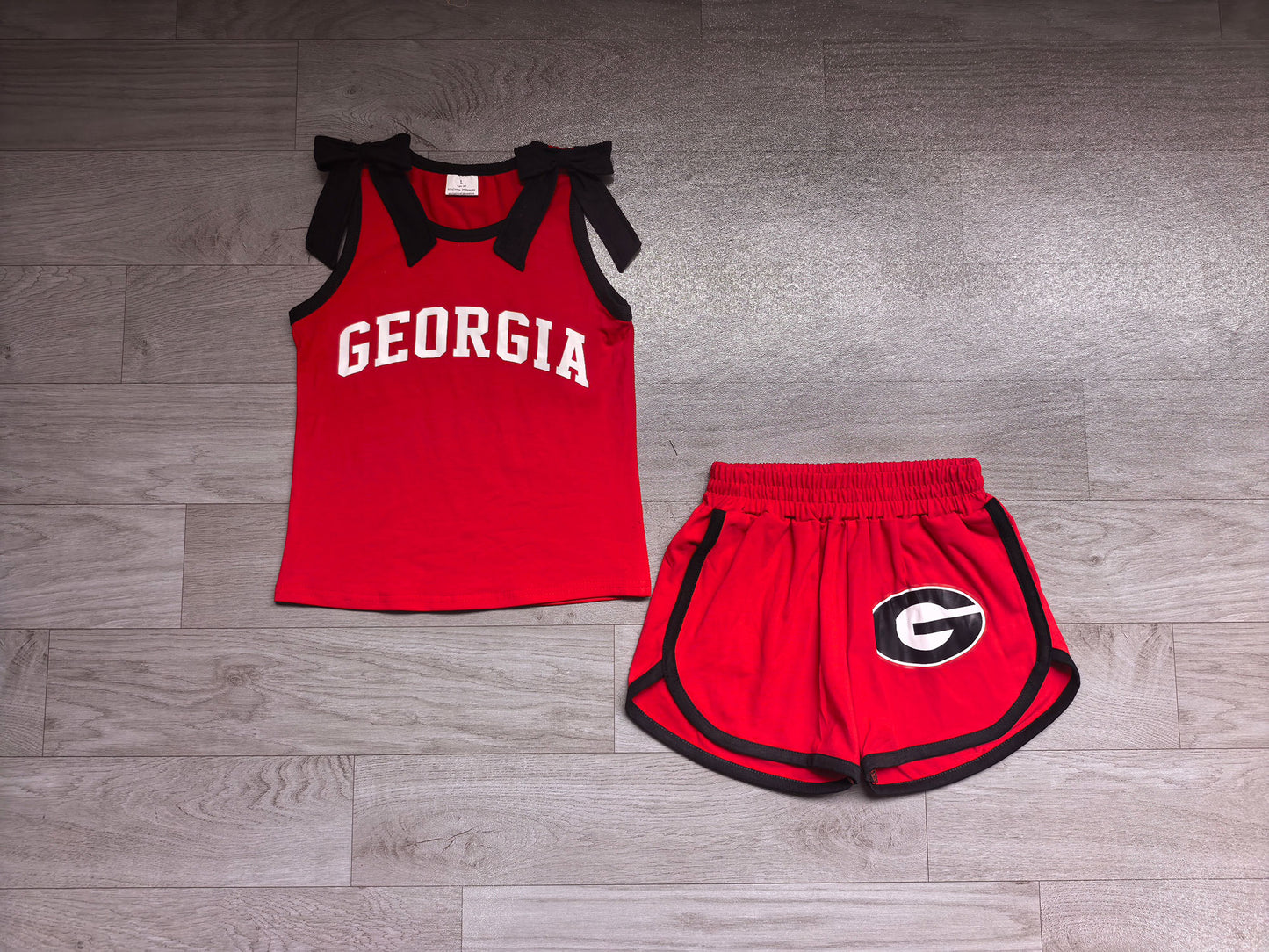 (Sample) No moq milk silk GSSO3834 Vinyl Baby Girls Team Solid Black Bow Sleeveless Red Top Elastic Waist Short Bottom Outfit Set