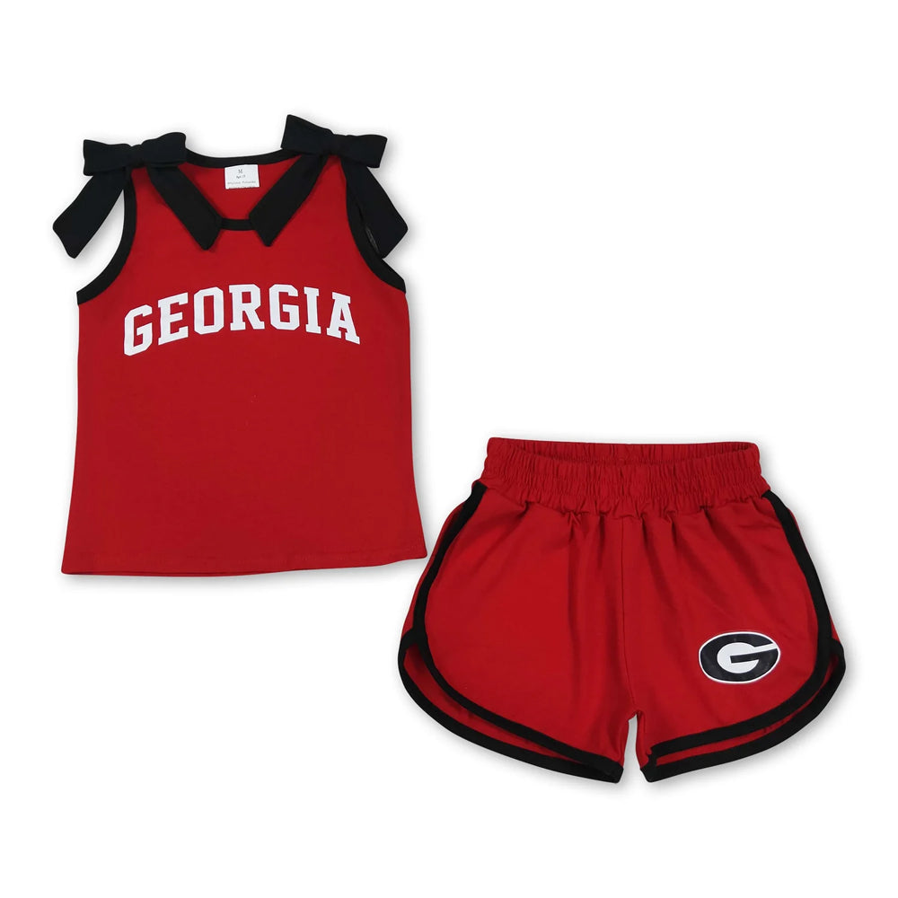 RTS NO MOQ Sibling Vinyl Baby Girls Team Graphic Top With White Bow Matching Shorts Team Clothes Set