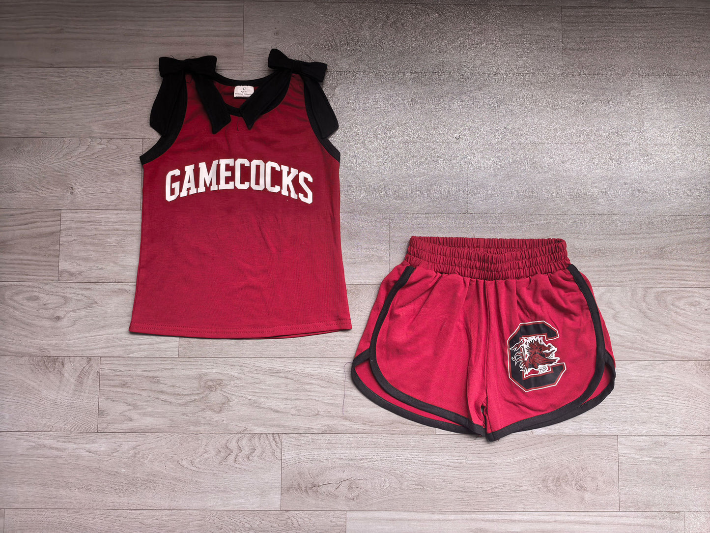 (Sample) No moq milk silk GSSO3835 Vinyl Baby Girls Team Solid Bow Sleeveless Red Top Elastic Waist Short Bottom Outfit Set