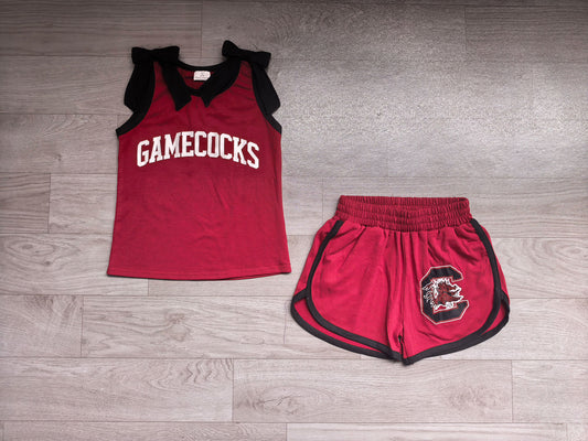 (Sample) No moq milk silk GSSO3835 Vinyl Baby Girls Team Solid Bow Sleeveless Red Top Elastic Waist Short Bottom Outfit Set