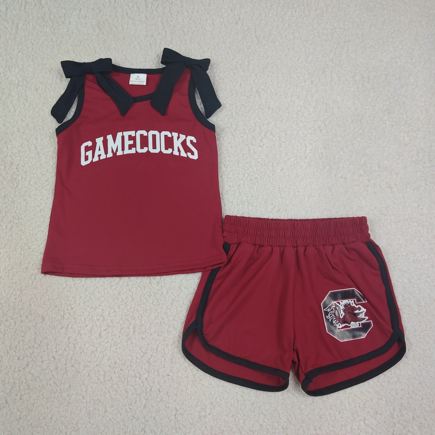 NEW RTS NO MOQ milk silk GSSO3835 Baby Girls Black Bows Maroon Vinyl Gamecock Top Short Team Clothes Sets