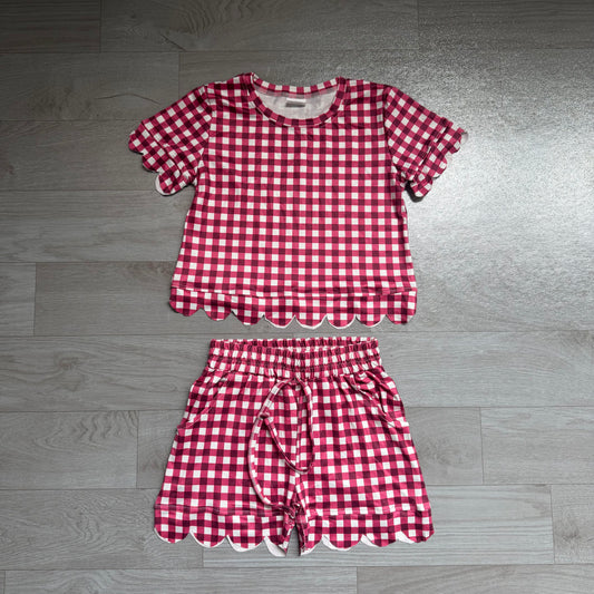 (Sample) No moq milk silk GSSO3836 Baby Girls Maroon Plaid Checked Short Sleeve Shirt Top And Scallop Hem Shorts Clothes Set