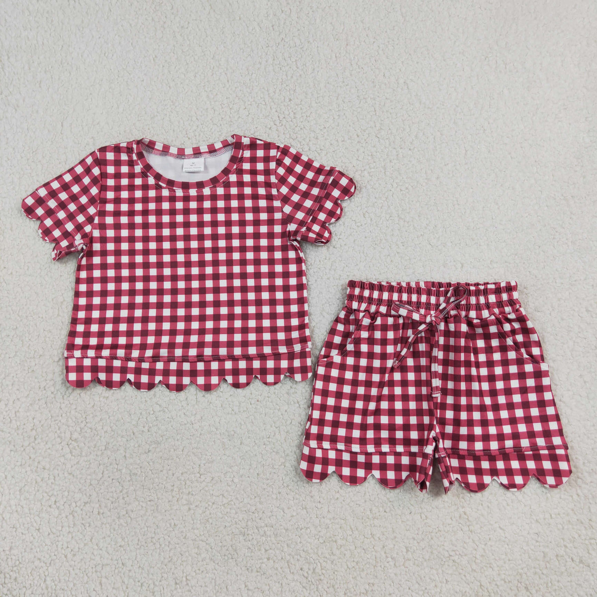 NEW RTS NO MOQ milk silk GSSO3836 Baby Girls Maroon Plaid Checked Short Sleeve Shirt Top And Scallop Hem Shorts Set