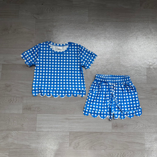 (Sample) No moq milk silk GSSO3837 Baby Girls Blue Plaid Short Sleeve Shirt Scallop Hem Shorts Outfit Set