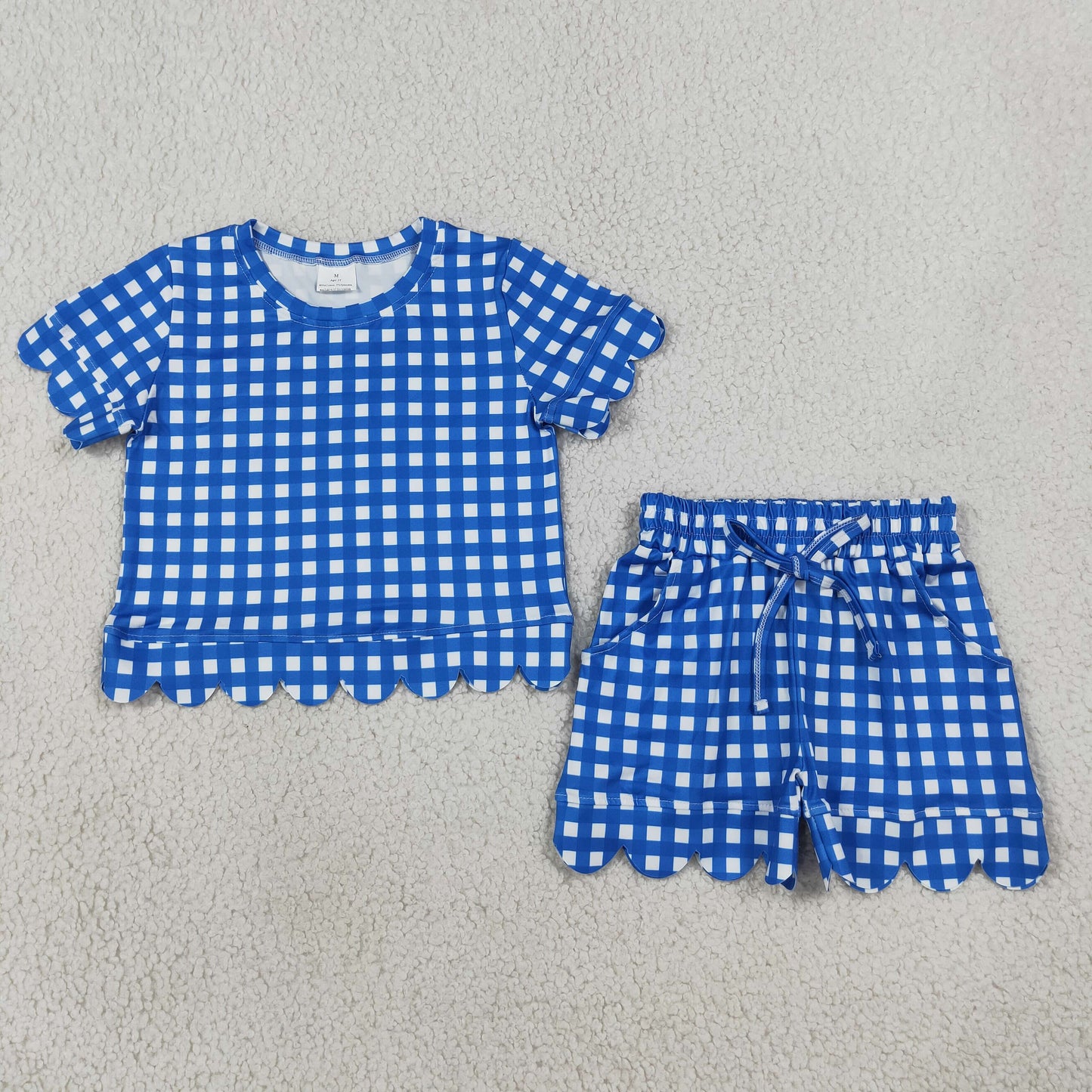 RTS NO MOQ Sibling milk silk Baby Girls Checked Shirt Top Pockets Short Scallop Clothes Set Summer Casual Outfit