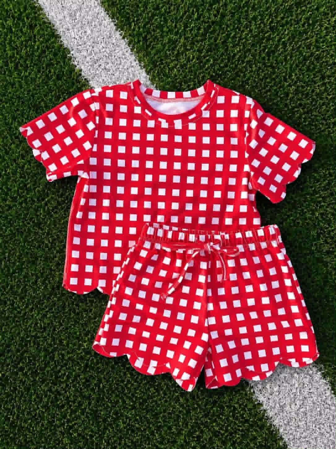 (Preorder new) No moq Baby Girls Plaid Short Sleeve Shirt Top And Scallop Hem Short Cute Clothes Set