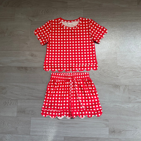 (Sample) No moq cotton GSSO3838 Baby Girls Red Check Shirt Top Elastic Scallop Shorts Clothes Set