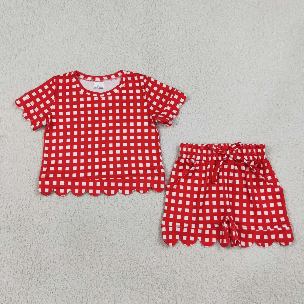 NEW RTS NO MOQ milk silk GSSO3838 Baby Girls Red Check Shirt Top Scallop Shorts Set