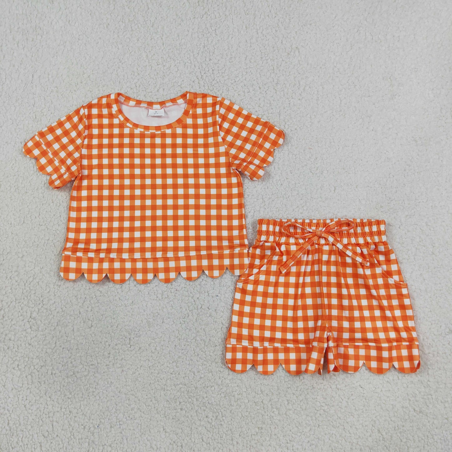 RTS NO MOQ Sibling milk silk Baby Girls Checked Shirt Top Matching Scallop Shorts Clothes Set