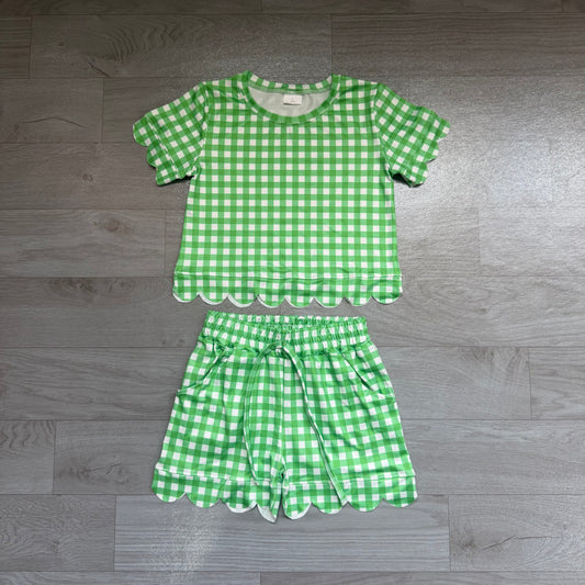 (Sample) No moq cotton GSSO3840 Baby Girls Green Check Shirt Top Elastic Scallop Shorts Clothes Set