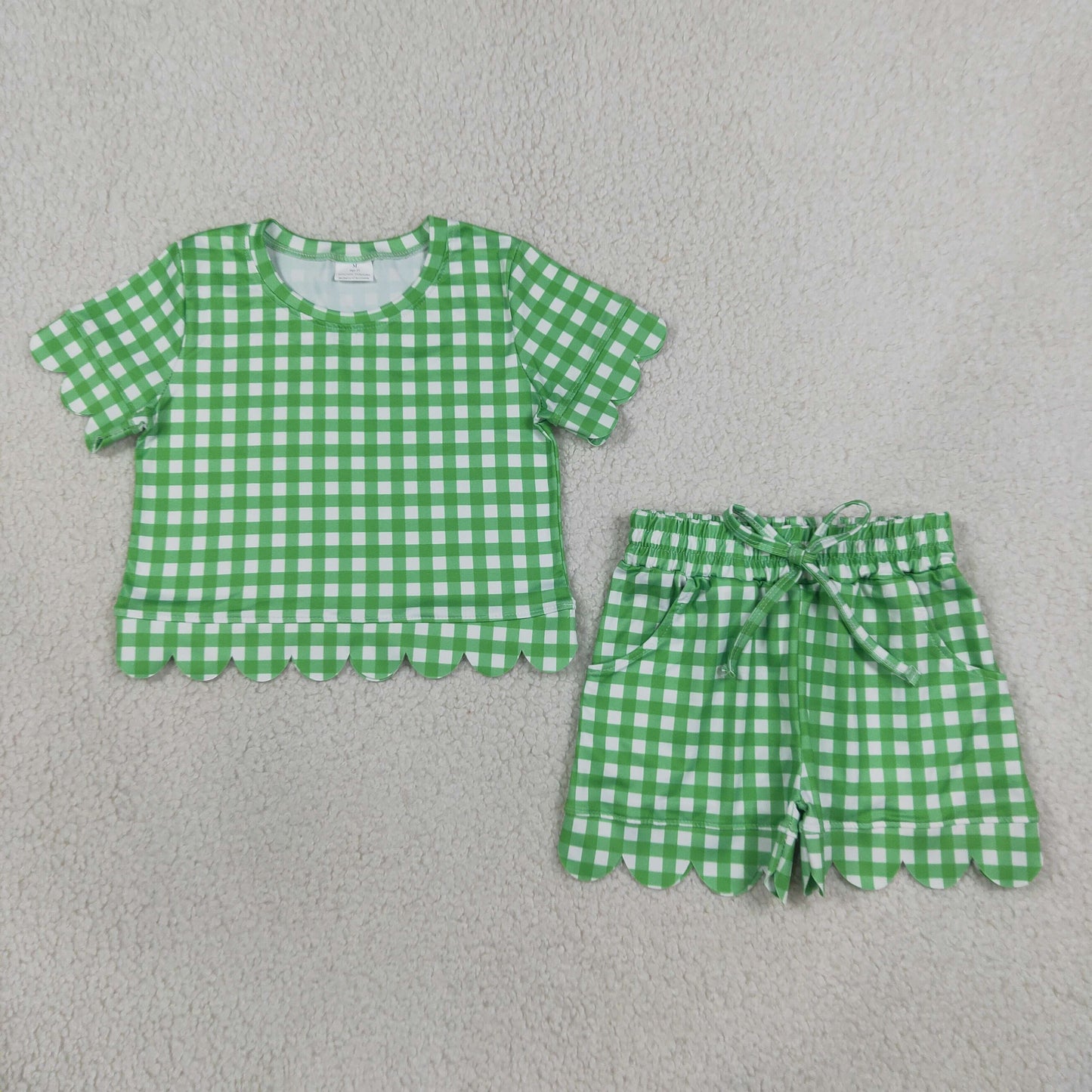RTS NO MOQ Sibling milk silk Baby Girls Checked Shirt Top Matching Scallop Shorts Clothes Set