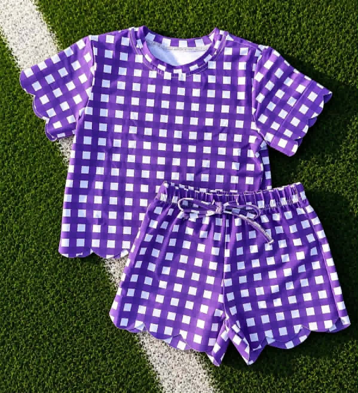 (Preorder new) No moq Baby Girls Plaid Short Sleeve Shirt Top And Scallop Hem Short Cute Clothes Set