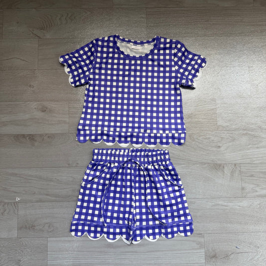 (Sample) No moq cotton GSSO3841 Baby Girls Purple Check Shirt Top Elastic Scallop Shorts Clothes Set