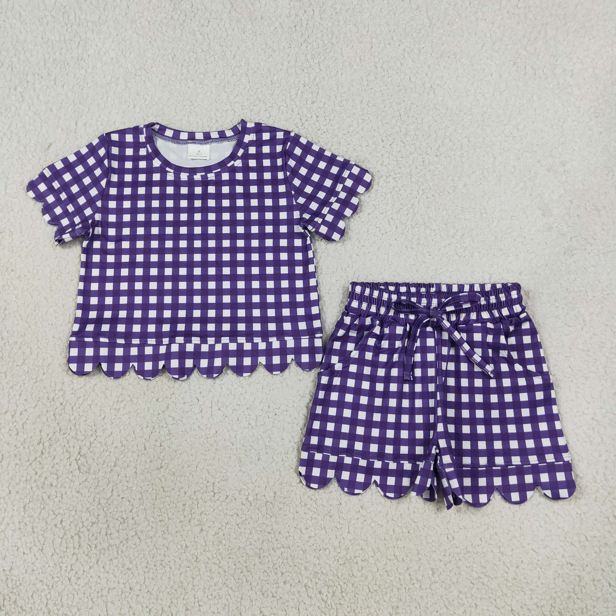 NEW RTS NO MOQ milk silk GSSO3841 Baby Girls Purple Check Shirt Top Elastic Scallop Shorts Set