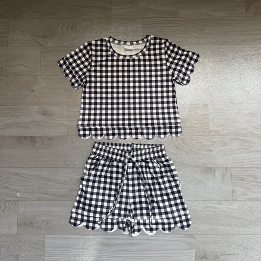 (Sample) No moq cotton GSSO3842 Baby Girls Black Check Shirt Top Elastic Scallop Shorts Clothes Set
