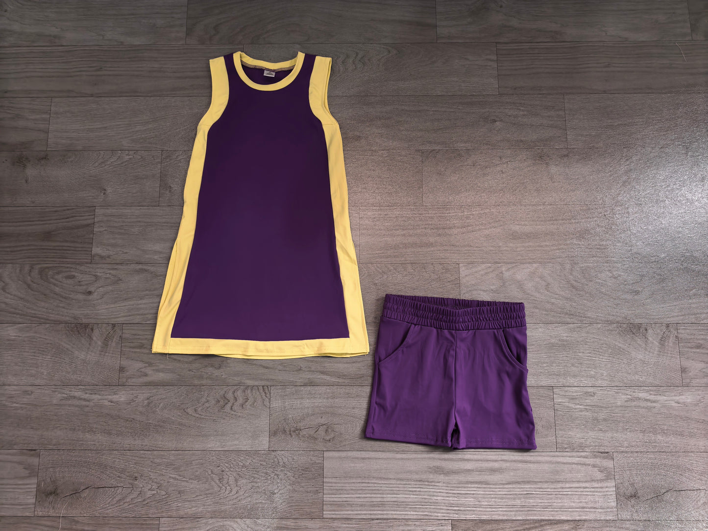 (Sample) No moq Yoga GSSO3844(GDS4253+SS0958) Baby Girls Sleeveless Yellow Purple Yoga Active Split Skirt Short Clothes Set