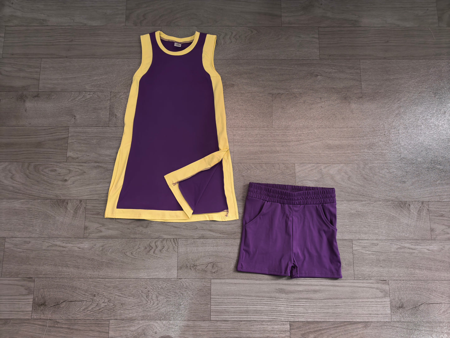 (Sample) No moq Yoga GSSO3844(GDS4253+SS0958) Baby Girls Sleeveless Yellow Purple Yoga Active Split Skirt Short Clothes Set
