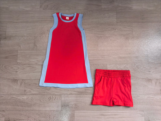 (Sample) No moq Yoga GSSO3846(GDS4255+SS0960) Baby Girls Sleeveless Blue Red Yoga Active Split Skirt Short Clothes Set