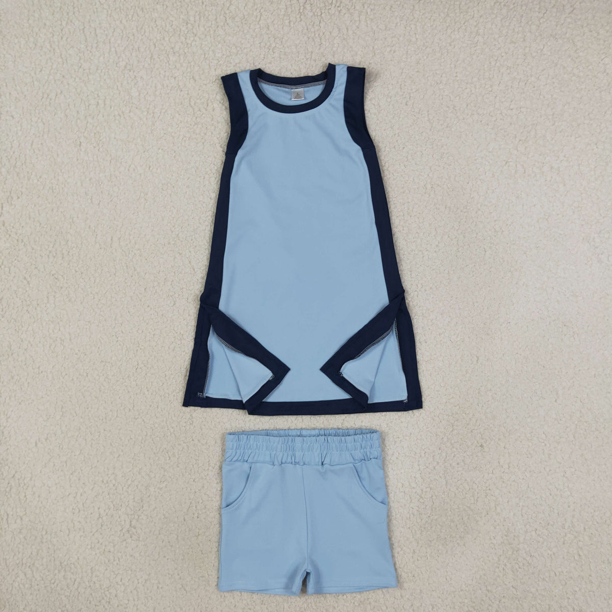 NEW RTS NO MOQ yoga fabric cotton GSSO3847（GSD4256+SS0961）Yoga Separate Shorts Baby Girls Light Blue Sleeveless Top Split Hem Short Yoga Skirt Set