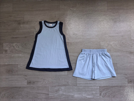 (Sample) No moq yoga fabric cotton GSSO3847 Yoga Separate Shorts Baby Girls Light Blue Sleeveless Top Split Hem Short Yoga Skirt Active Clothes Set