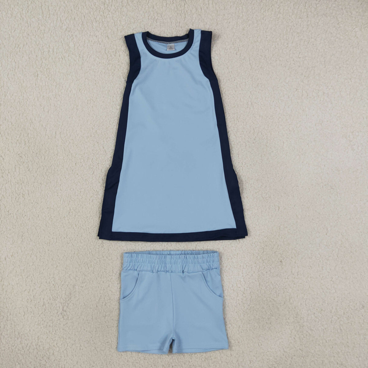 NEW RTS NO MOQ yoga fabric cotton GSSO3847（GSD4256+SS0961）Yoga Separate Shorts Baby Girls Light Blue Sleeveless Top Split Hem Short Yoga Skirt Set