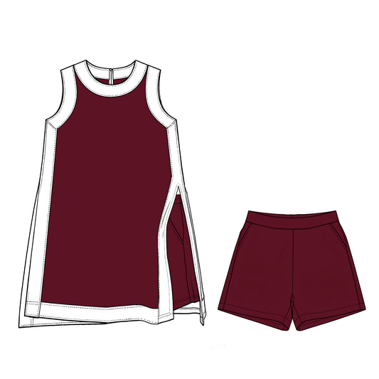 (Preorder new) No moq GSSO3848 Yoga Separate Shorts Baby Girls White Maroon Sleeveless Top Split Hem Short Yoga Skirt Active Clothes Set