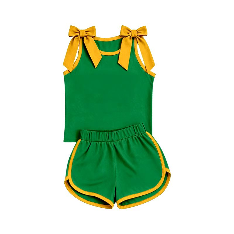 (Preorder new) No moq GSSO3850 Baby Girls Orange Green Bow Sleeveless Top Shorts Two Piece Summer Sets
