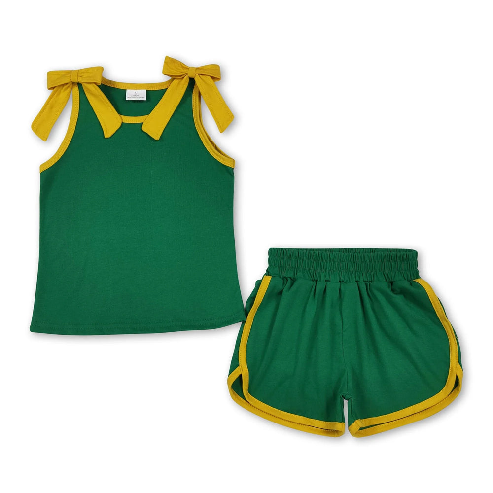 RTS NO MOQ Sibling cotton Baby Girls Bow Solid Sleeveless Top Matching Shorts Daily Set