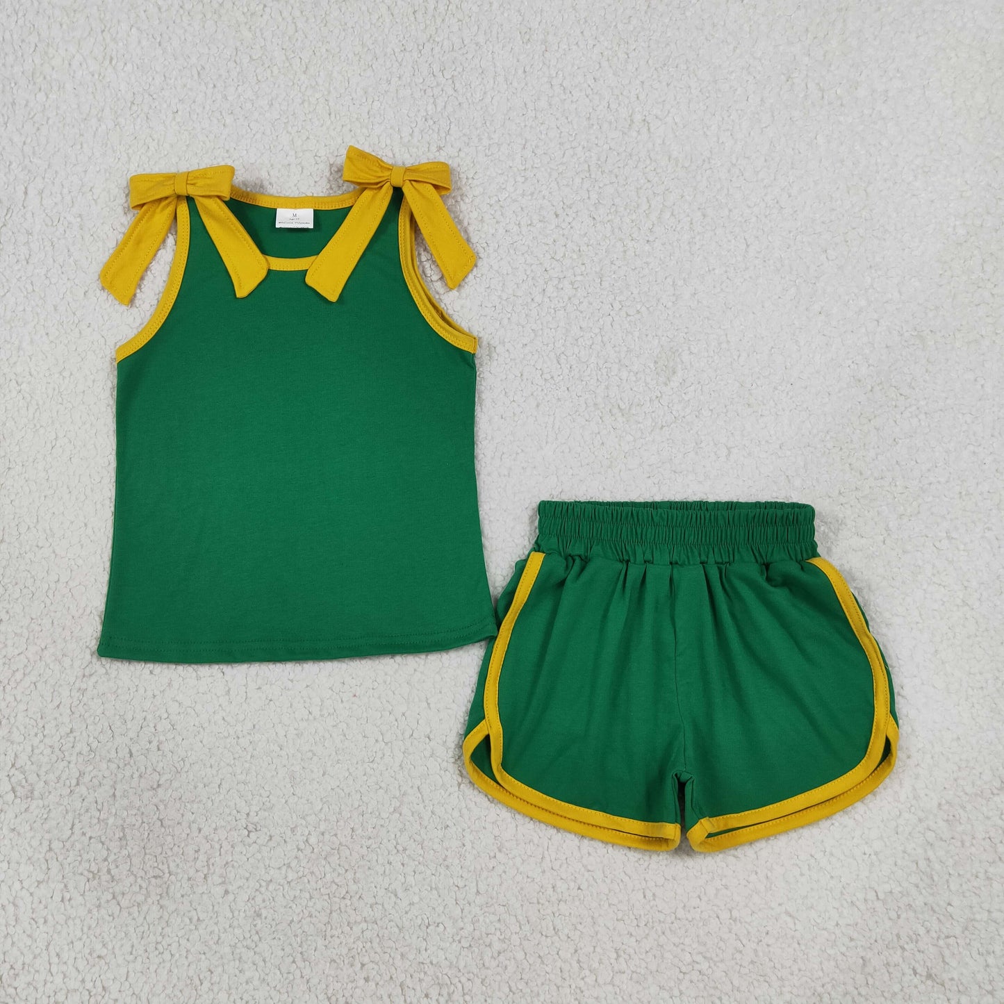 NEW RTS NO MOQ cotton GSSO3850 Baby Girls Orange Green Bow Sleeveless Top Shorts Summer Sets