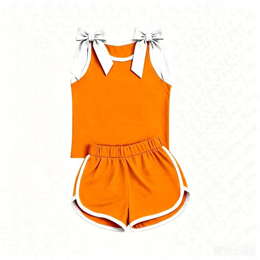 (Preorder new) No moq GSSO3851 Baby Girls Orange White Bow Sleeveless Top Shorts Two Piece Summer Sets