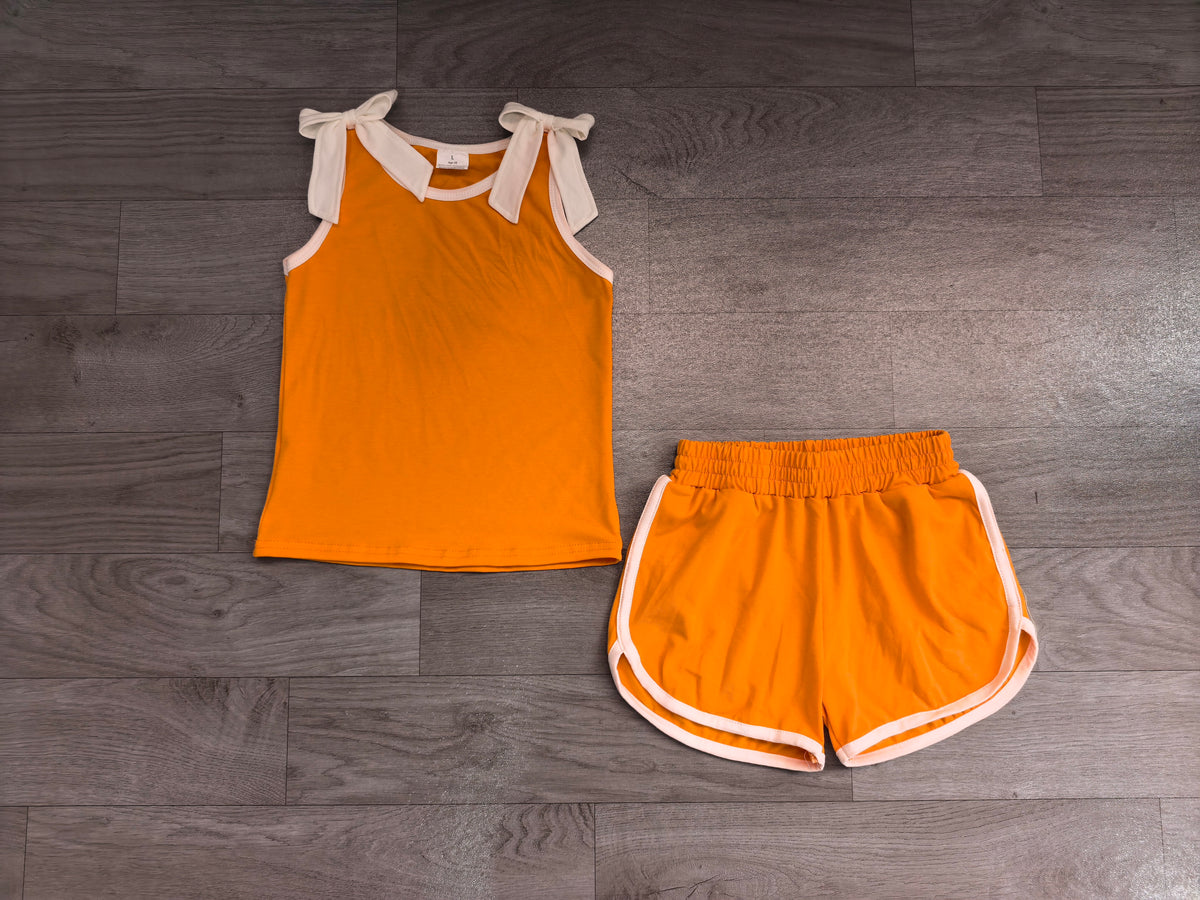 (Sample) No moq cotton GSSO3851 Baby Girls Orange White Bow Sleeveless Top Shorts Two Piece Summer Sets