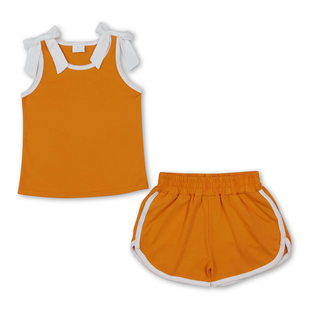 RTS NO MOQ Sibling cotton Baby Girls Bow Solid Sleeveless Top Matching Shorts Daily Set
