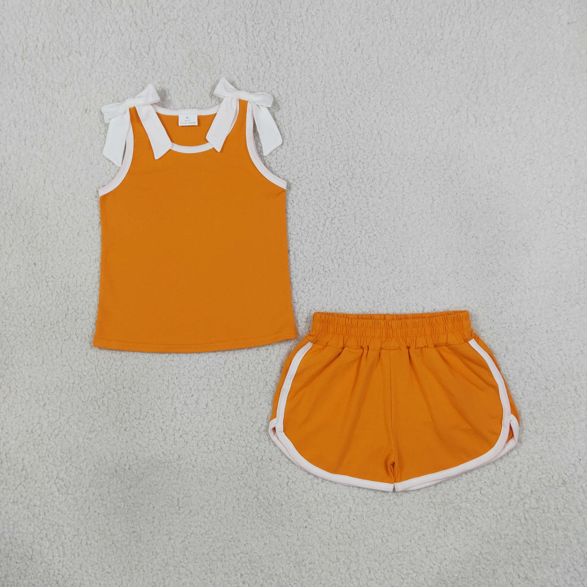 NEW RTS NO MOQ cotton GSSO3851 Baby Girls Orange White Bow Sleeveless Top Shorts Two Piece Summer Sets
