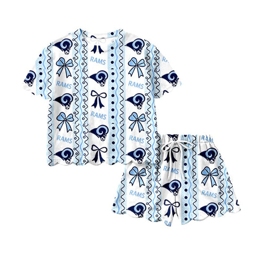 (Preorder new) No moq GSSO3853 Baby Girls Bow Print Top Matching Scallop Shorts Two Piece Team Clothes Set