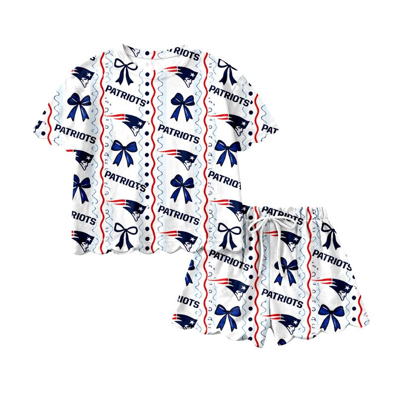 (Preorder new) No moq GSSO3854 Baby Girls Bow Print Top Scallop Shorts Two Piece Team Clothes Set