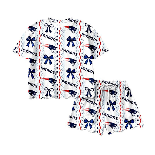 (Preorder new) No moq GSSO3854 Baby Girls Bow Print Top Scallop Shorts Two Piece Team Clothes Set