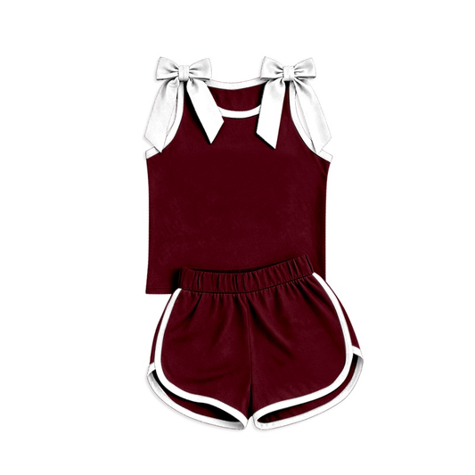 (Preorder new) No moq GSSO3855 Baby Girls Maroon White Bow Sleeveless Top Shorts Two Piece Summer Sets
