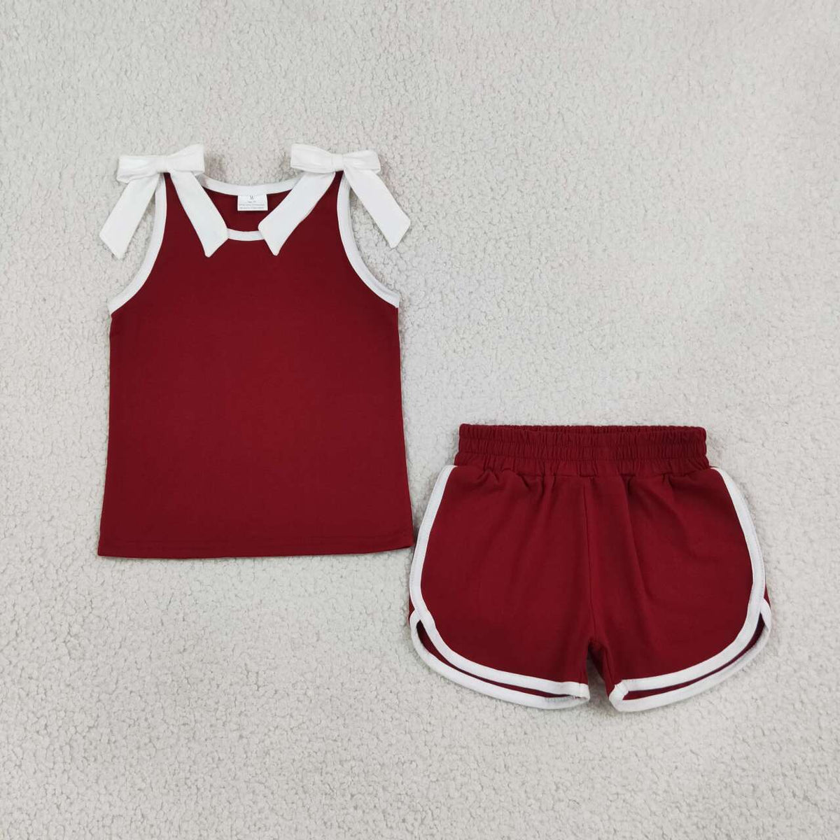 NEW RTS NO MOQ cotton GSSO3855 Baby Girls Maroon White Bows Sleeveless Vest Top Short Sets