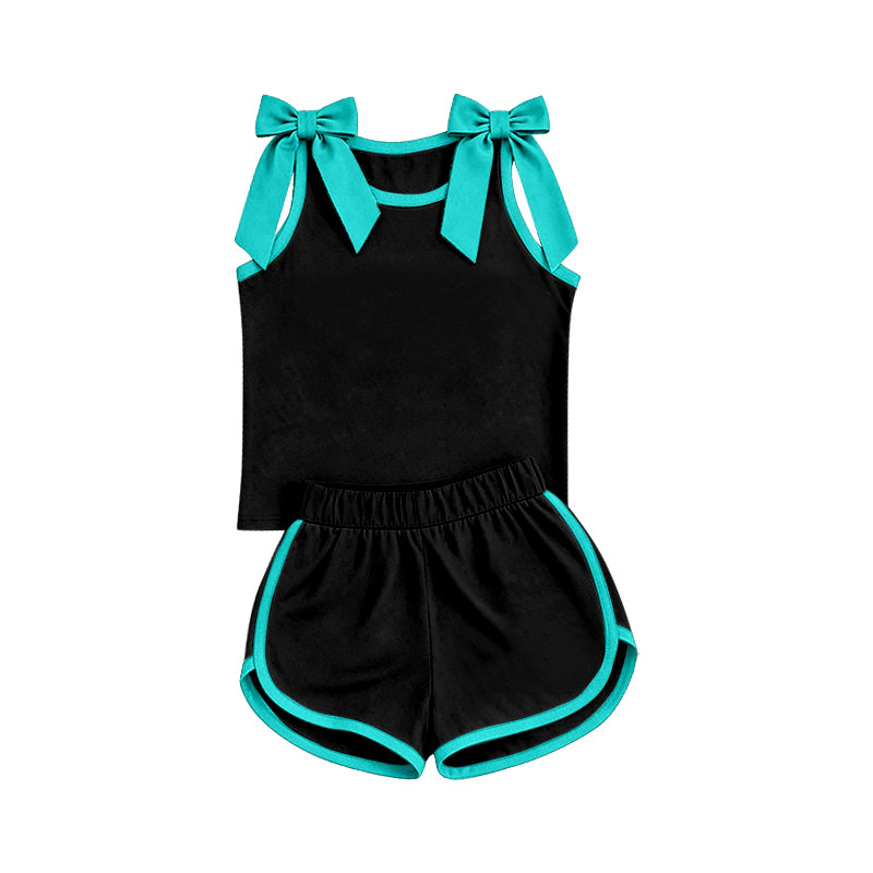 (Preorder new) No moq GSSO3856 Baby Girls Black Turquoise Bow Strap Tank Top Shorts Two Piece Summer Outfit Set