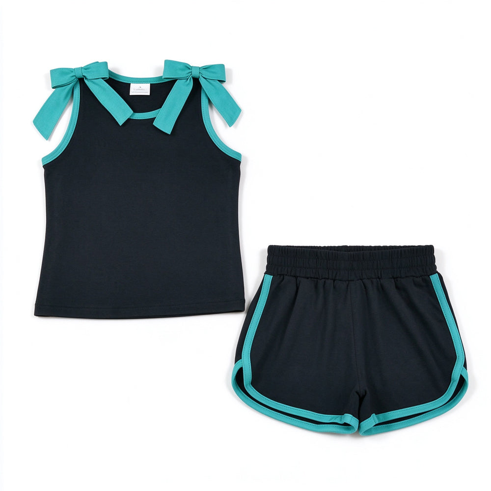 RTS NO MOQ Sibling cotton Baby Girls Bow Solid Sleeveless Top Shorts Daily Clothes Set