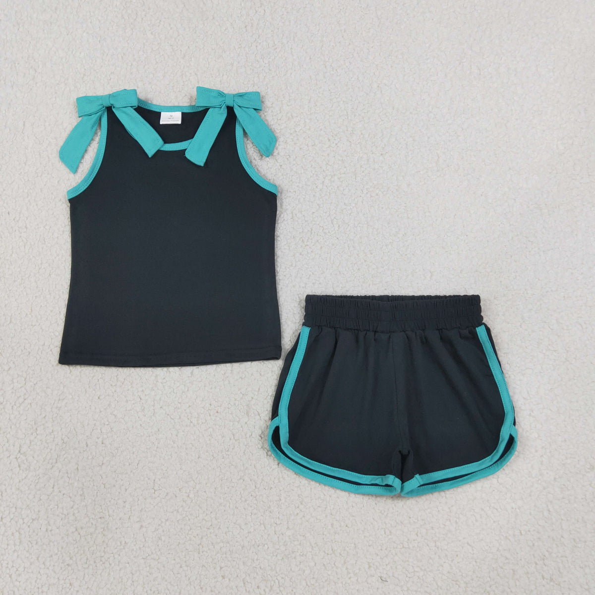 NEW RTS NO MOQ cotton GSSO3856 Baby Girls Cute Black Lake Blue Bows Sleeveless Vest Short Sets