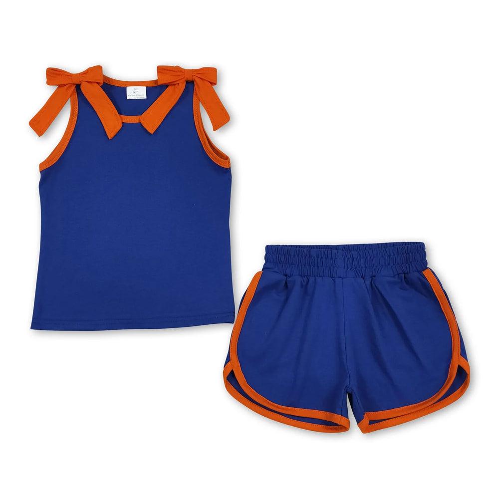 RTS NO MOQ Sibling cotton Baby Girls Bow Solid Sleeveless Top Shorts Daily Clothes Set