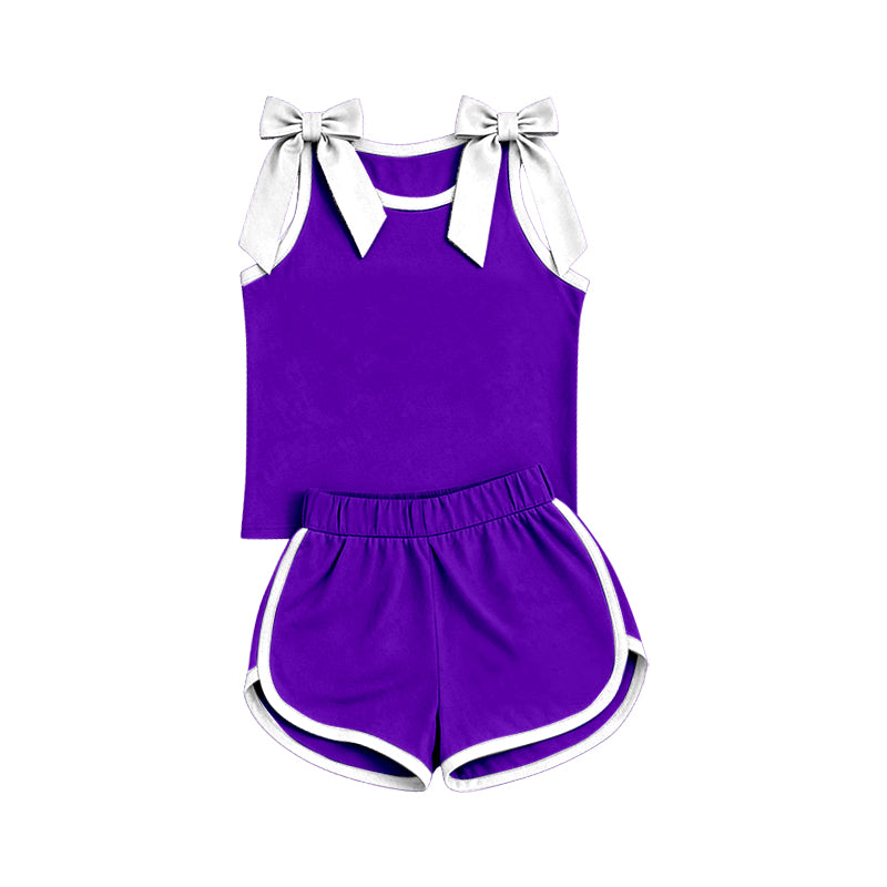 (Preorder new) No moq GSSO3858 Baby Girls Purple White Bow Sleeveless Top Shorts Two Piece Summer Sets